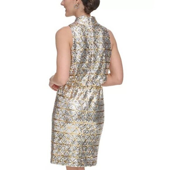 New Eliza J Womens 12 Petite Gold Silver Sequin Blouson Halter Cocktail Dress - Picture 2 of 10